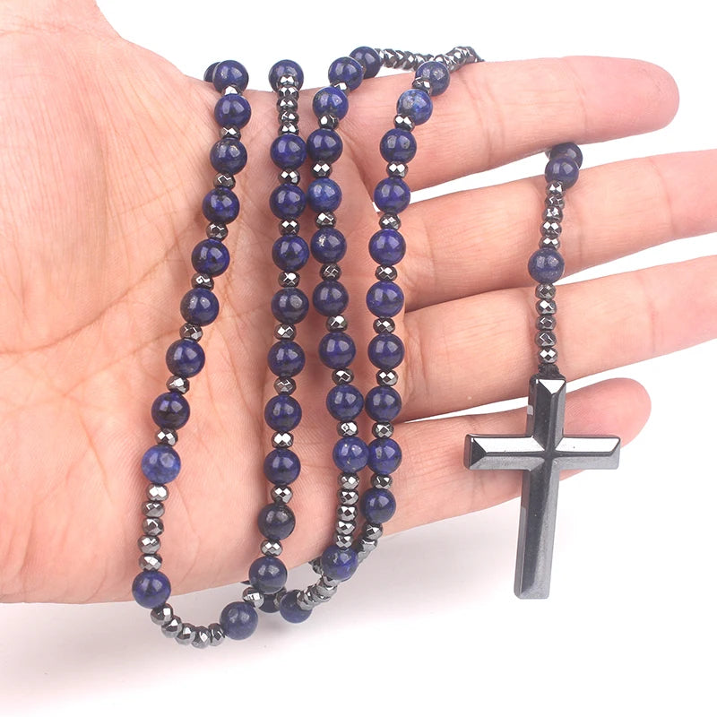 Tiger Eye Lapis Spectrolite Rosary Cross Necklace — Black-Tone