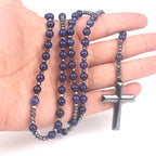 Tiger Eye Lapis Spectrolite Rosary Cross Necklace — Black-Tone