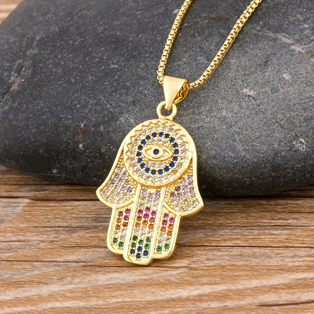 Nidin Dropshipping Hamsa Evil Eye Necklace For Women Collares Colorful Palm Fatima Necklace Fine Party Birthday Jewelry Gift