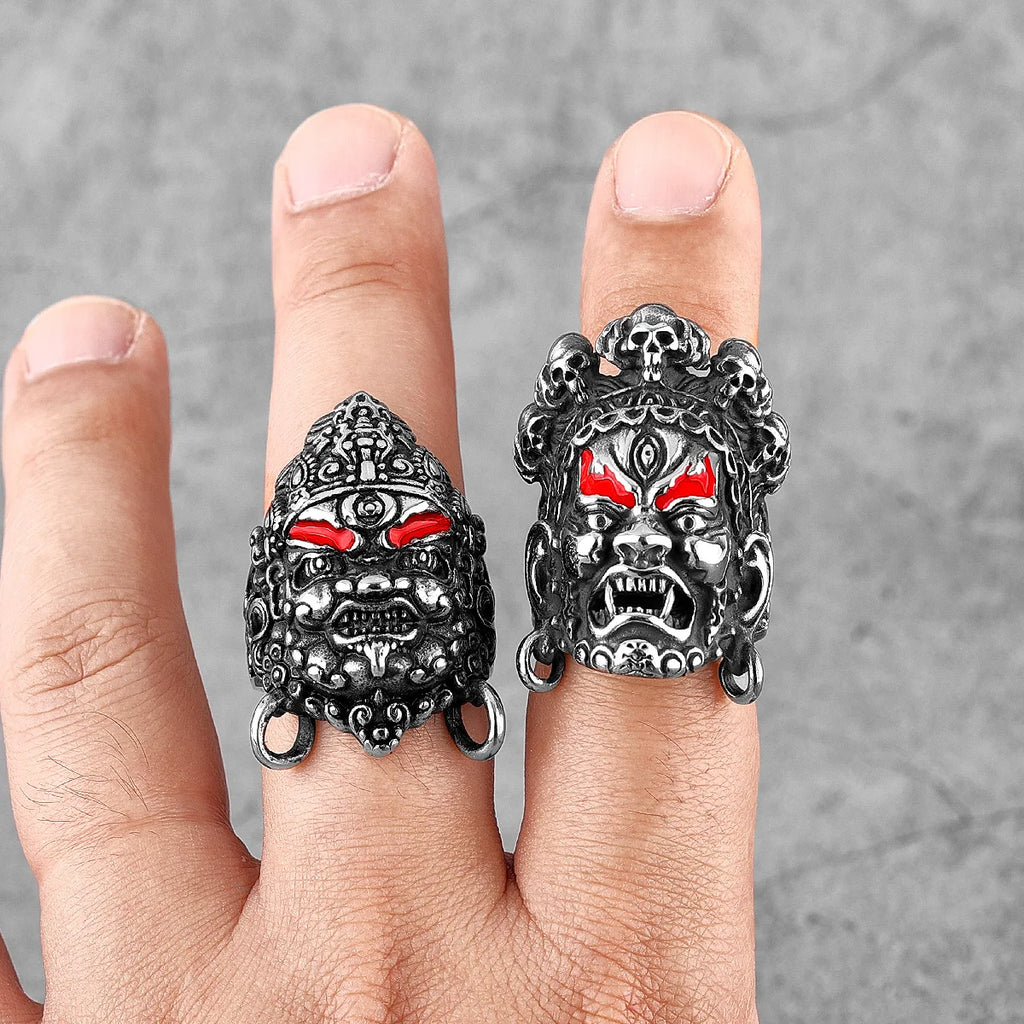 Tibetan Buddhist Raksha Deity Head Ring — Stainless Steel