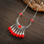 Womens Gypsy Jewelry Bohemian Ethnic Red Natural Stone Pendants Necklaces Metal Tibetan Sliver Color Chain Necklace For