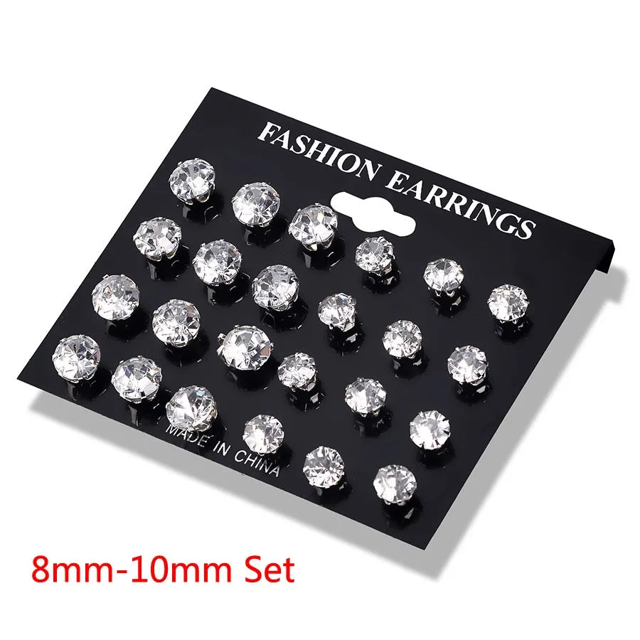 New 12 Pair/Pack White Shiny Wedding Stud Earrings Set For Women Men Crystal Jewelry Accessories Oorbellen Jewelry