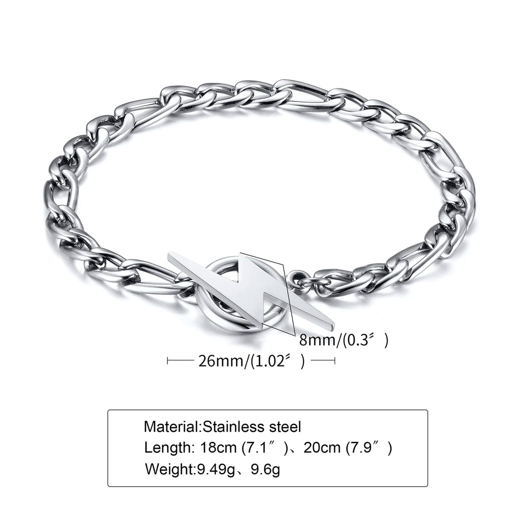 Stainless Steel Lightning Bolt Figaro Chain Bracelet for Men Jewelry