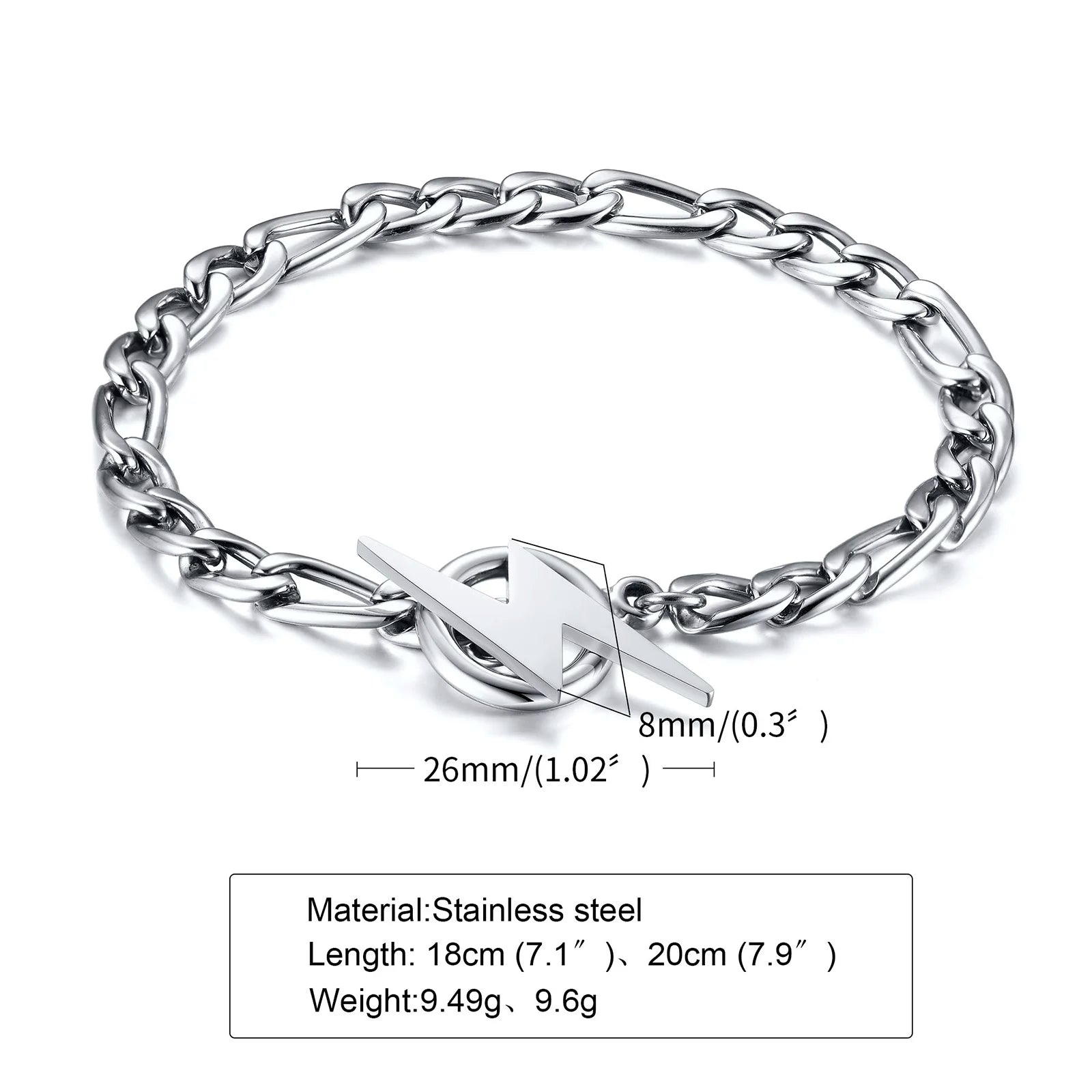 Stainless Steel Lightning Bolt Figaro Chain Bracelet for Men Jewelry