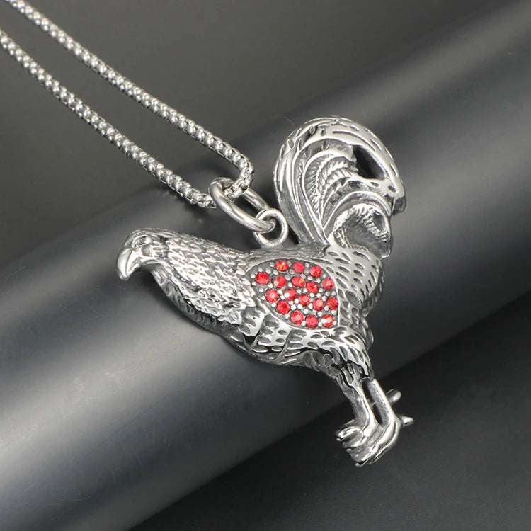 Rooster Pendant Necklace Red CZ Animal Portrait — Stainless Steel