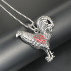 Rooster Pendant Necklace Red CZ Animal Portrait — Stainless Steel