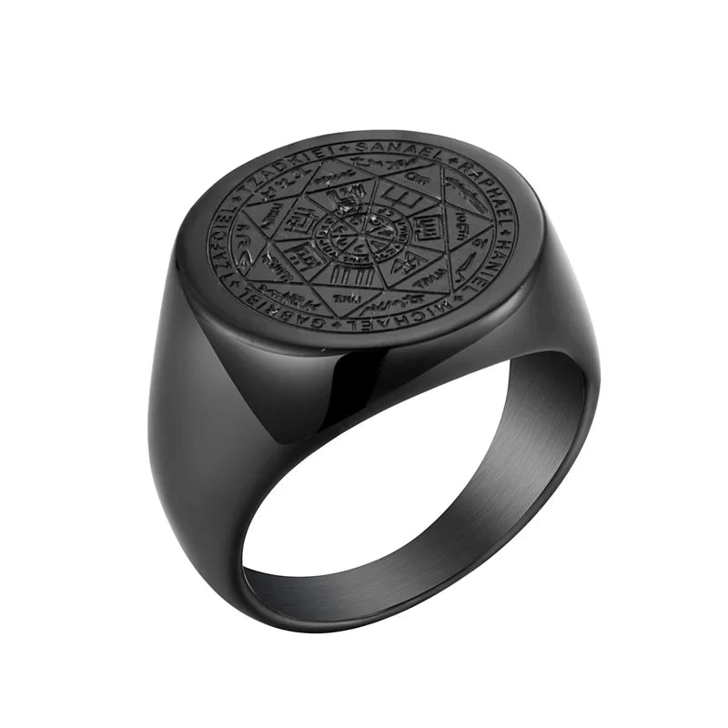 Valily Seal of The Seven Archangels Rings Stainless Steel Silver--Color Saint Michael Ring Jewelry Engraving for Man