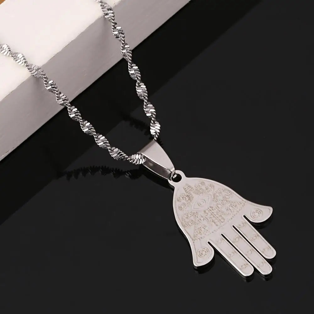 Stainless Steel Egyptian Eye of Good Luck Fatima Hamsa Hand Pendant Necklace Hand Palm Jewelry