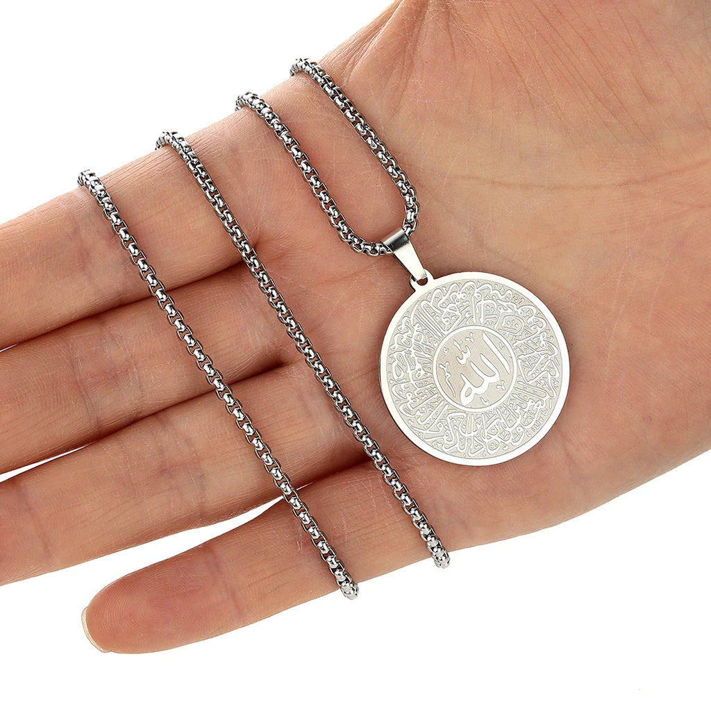 Handmade Islamic Mashallah Men Necklace Stainless Steel Jewelry Medallion Ottoman Calligraphy Surah Al Qalam Vintage Necklace