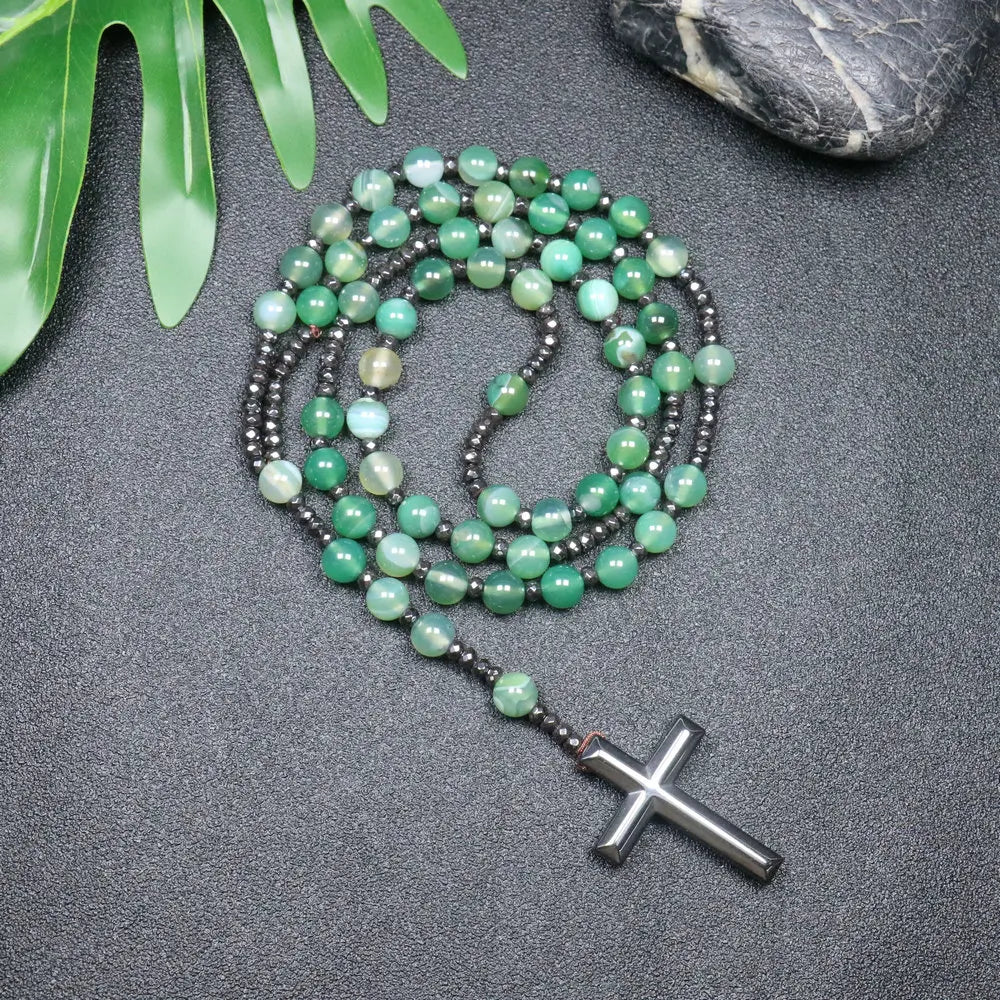 Tiger Eye Black Obsidian Rosary Cross Necklace — Black-Tone, 8mm