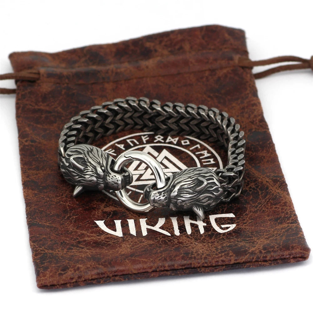Norse Wolf Head Link Bracelet — Stainless Steel