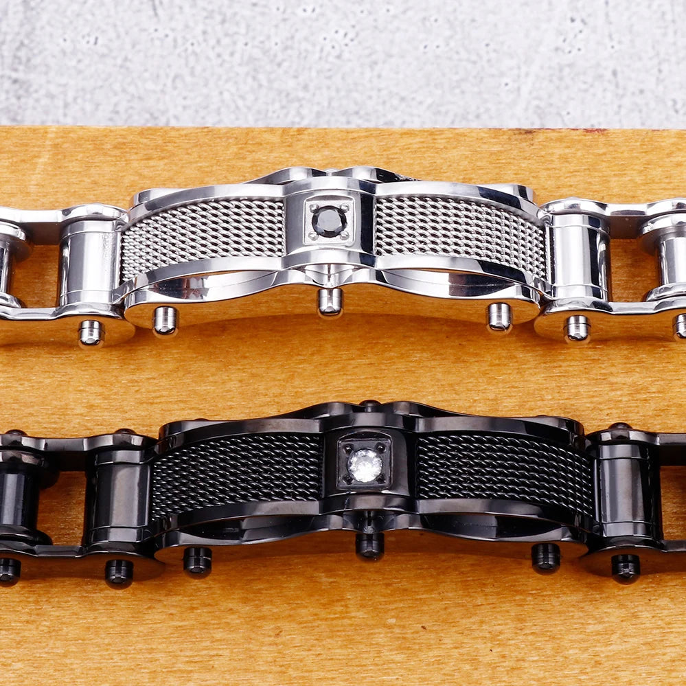 Rock And Roll CZ & 316L Stainless Steel Cast Metal Bicycle Chain Men's Bracelets For Man Boys Biker Jewellery