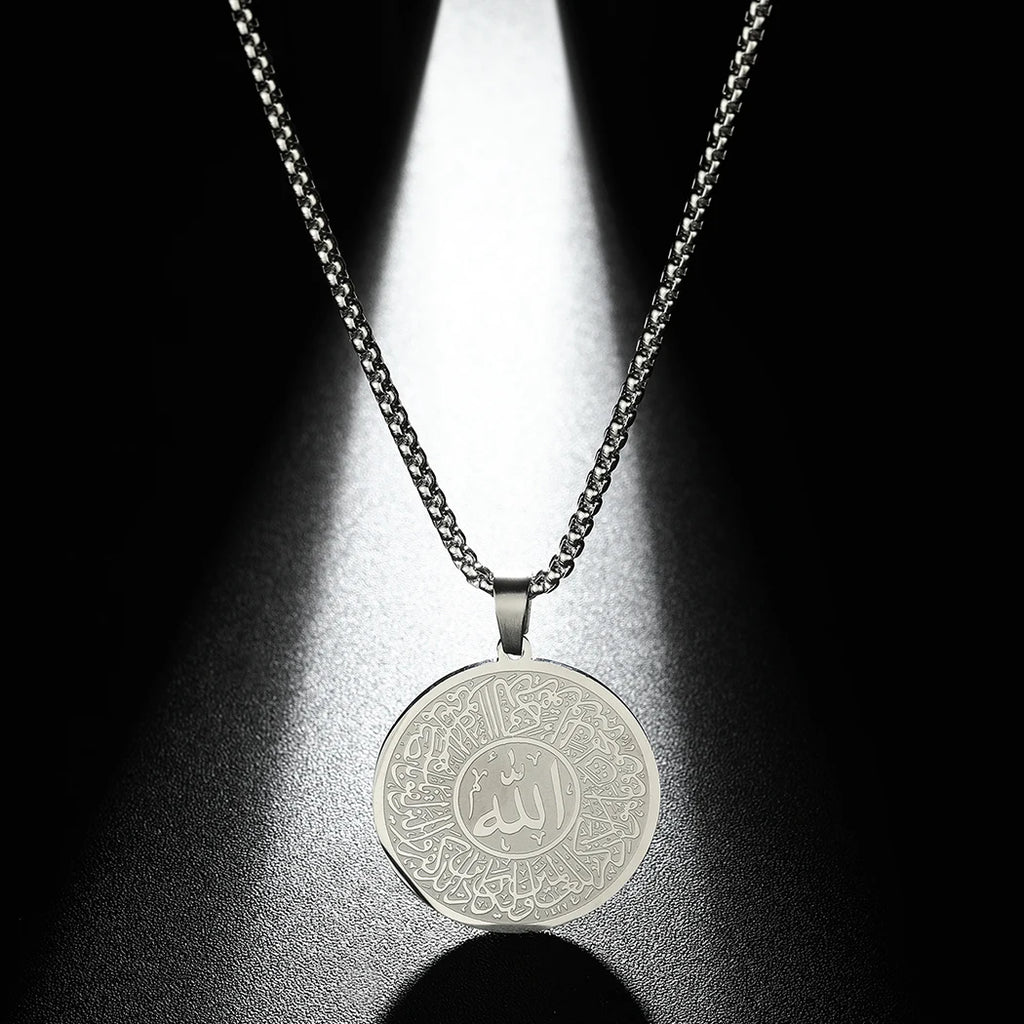 Handmade Islamic Mashallah Men Necklace Stainless Steel Jewelry Medallion Ottoman Calligraphy Surah Al Qalam Vintage Necklace