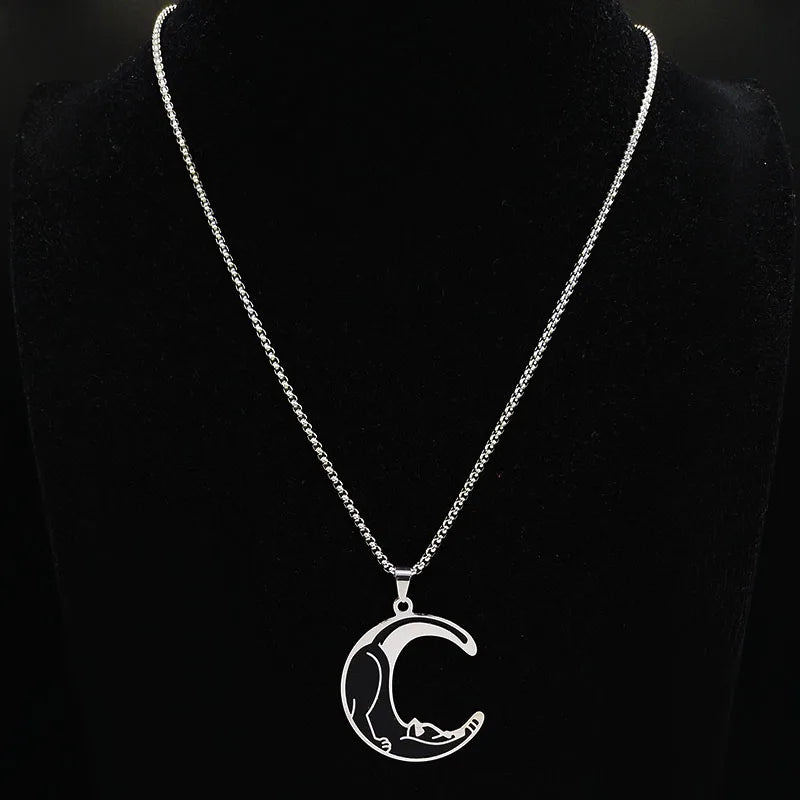 Moon Cat Black Enamel Necklace — Silver