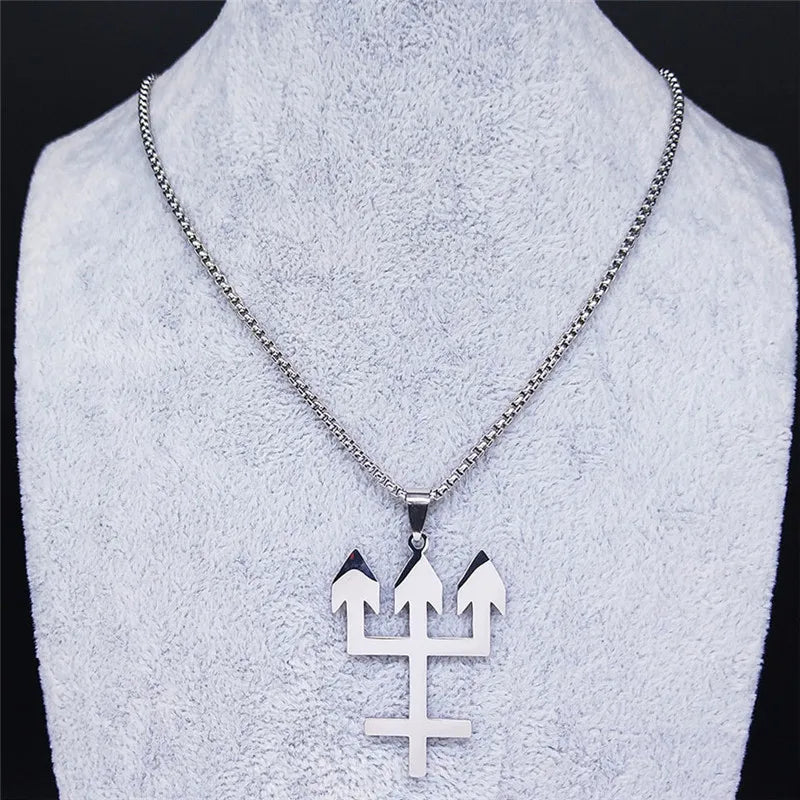 Inverted Cross Silver Chain Necklace — Stainless Steel