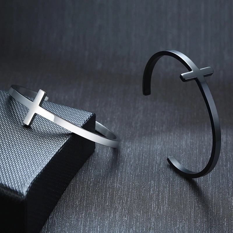 Cross Cuff Bangle Bracelet — Stainless Steel