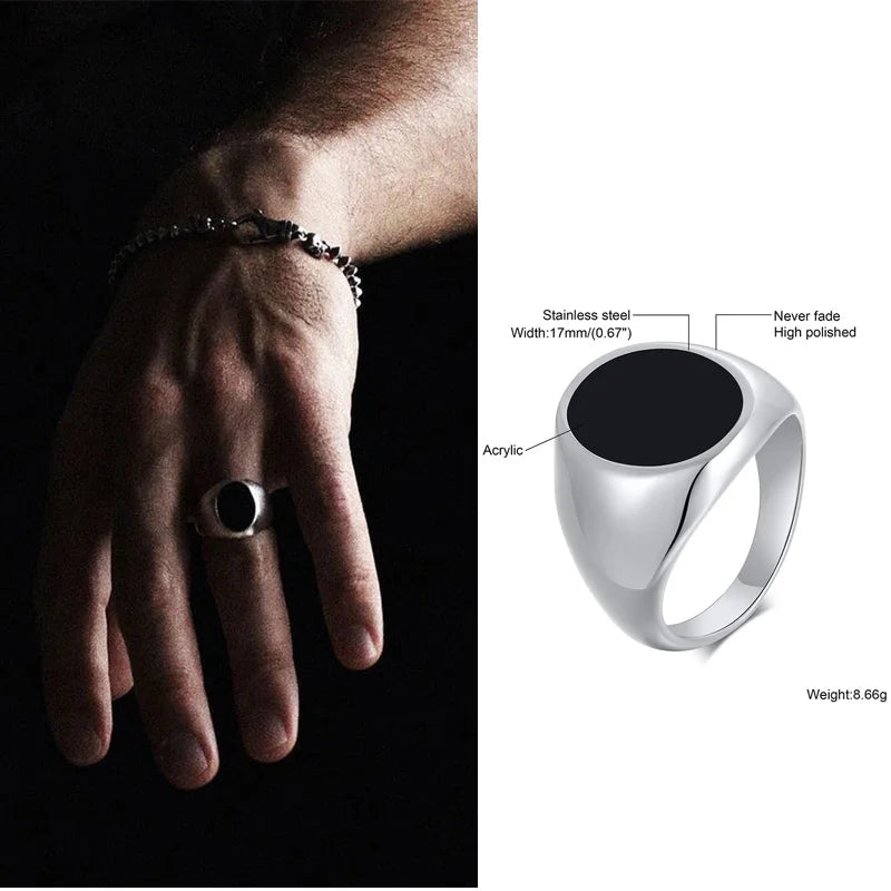 Black Enamel Square Signet Ring — Stainless Steel