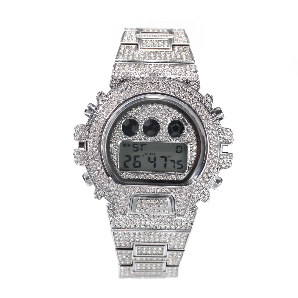 Hip Hop Full Iced Out Men Watches Stainless Steel Fashion Luxury Rhinestones Quartz Square Wristwatches Business Watch