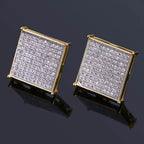 Iced Out Square Stud Earrings — Micro Pave CZ, Gold-Tone