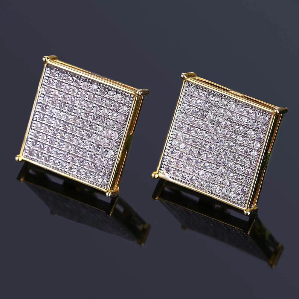 Iced Out Square Stud Earrings — Micro Pave CZ, Gold-Tone