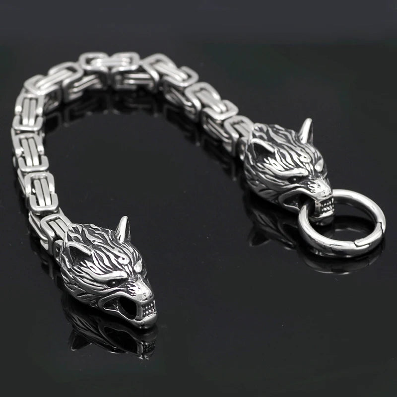 Men's Stainless Steel Viking Wolf Head Bracelet Vintage Personality Thick Chain Biker Punk Hip Hop Wristband Jewelry