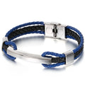 Luxury Braided Three-tier Layer Blue Leather Bracelet for Men Gold Color Stainless Steel Adjustable Mens Charm