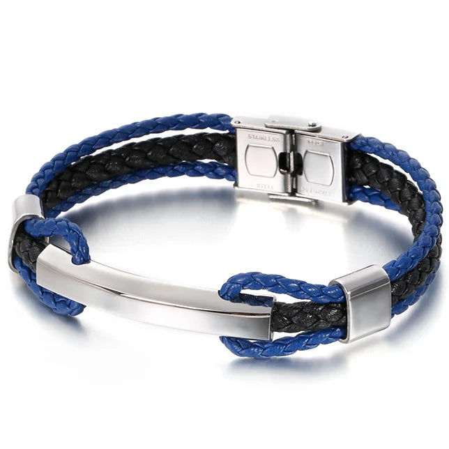 Luxury Braided Three-tier Layer Blue Leather Bracelet for Men Gold Color Stainless Steel Adjustable Mens Charm