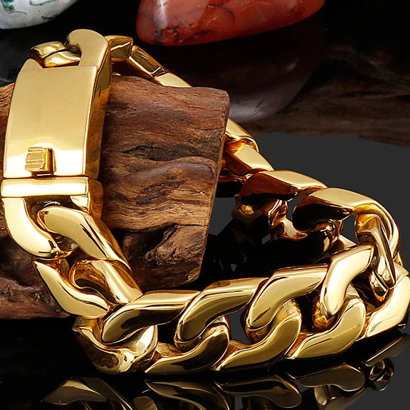 Polished Gold Color Bracelet For Man In Stainless Steel Mannen Armband Boys Hand Bracelets Massive Men's Jewelry