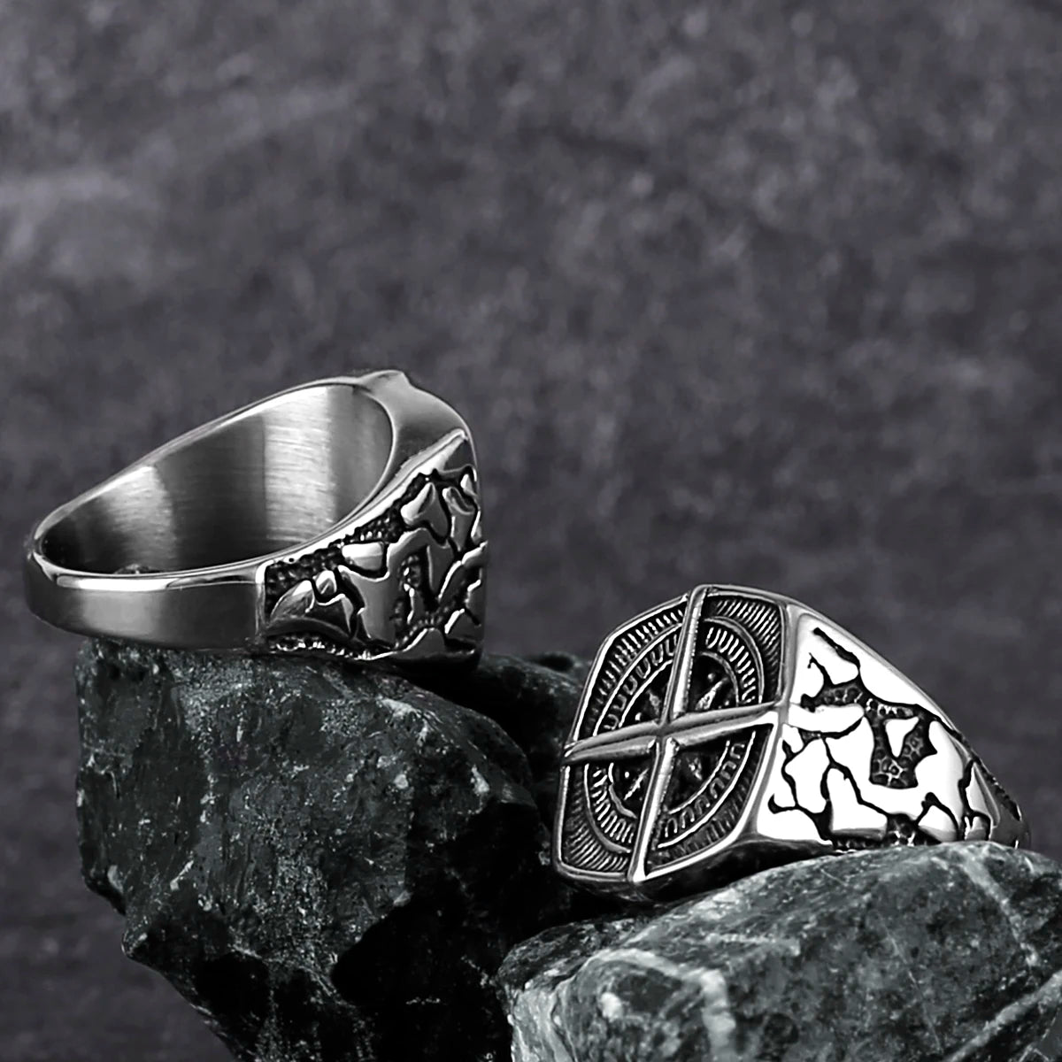 Viking Cross Nautical Chart Nordic Rune Ring — Stainless Steel