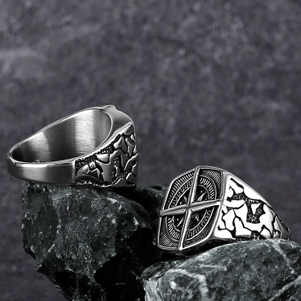 Vikings Cross Nautical Chart Amulet Ring Men's Stainless Steel Nordic Rune Ring Gift Biker Punk Hip Hop Jewelry