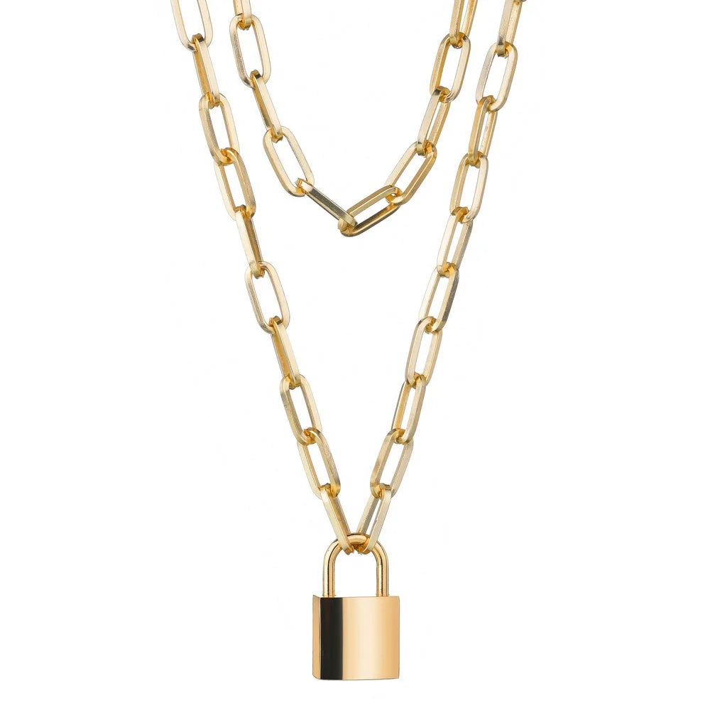 Two-Tone Lock Pendant Double Layer Chain Necklace