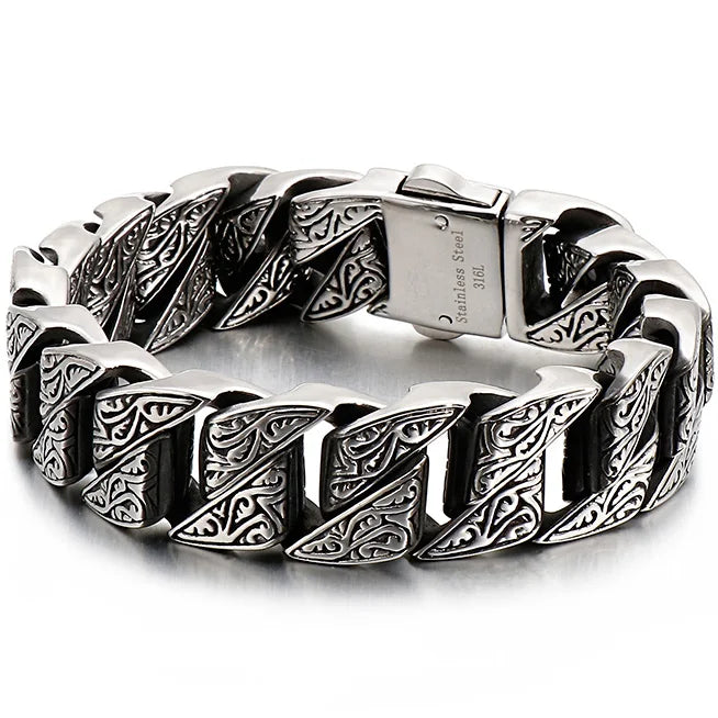 Heavy 316L Stainless Steel Men's Bracelet Vintage Pattern Link Chain Hand Bracelets for Man Massive Male Jewelry
