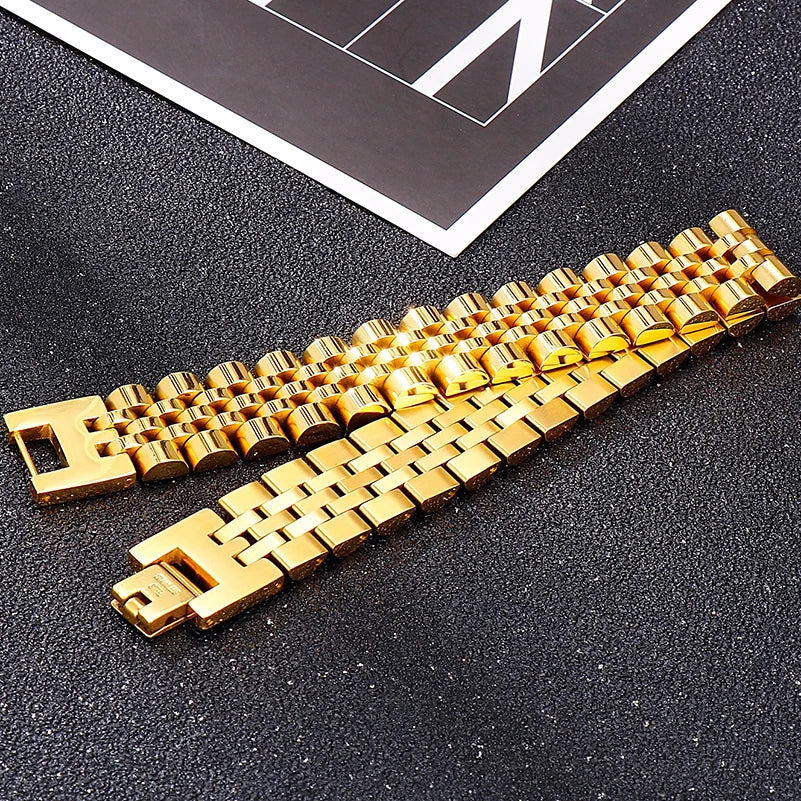 Gold Color Stainless Steel Man Bracelet for Women 15MM Wide Length Adjustable Chain Bracelets Men's Mannen Armband
