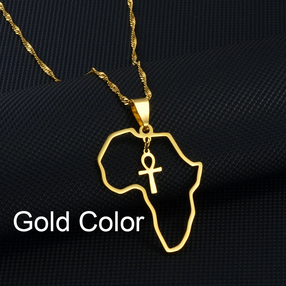 Egyptian Ankh Cross Africa Map Necklace — Stainless Steel