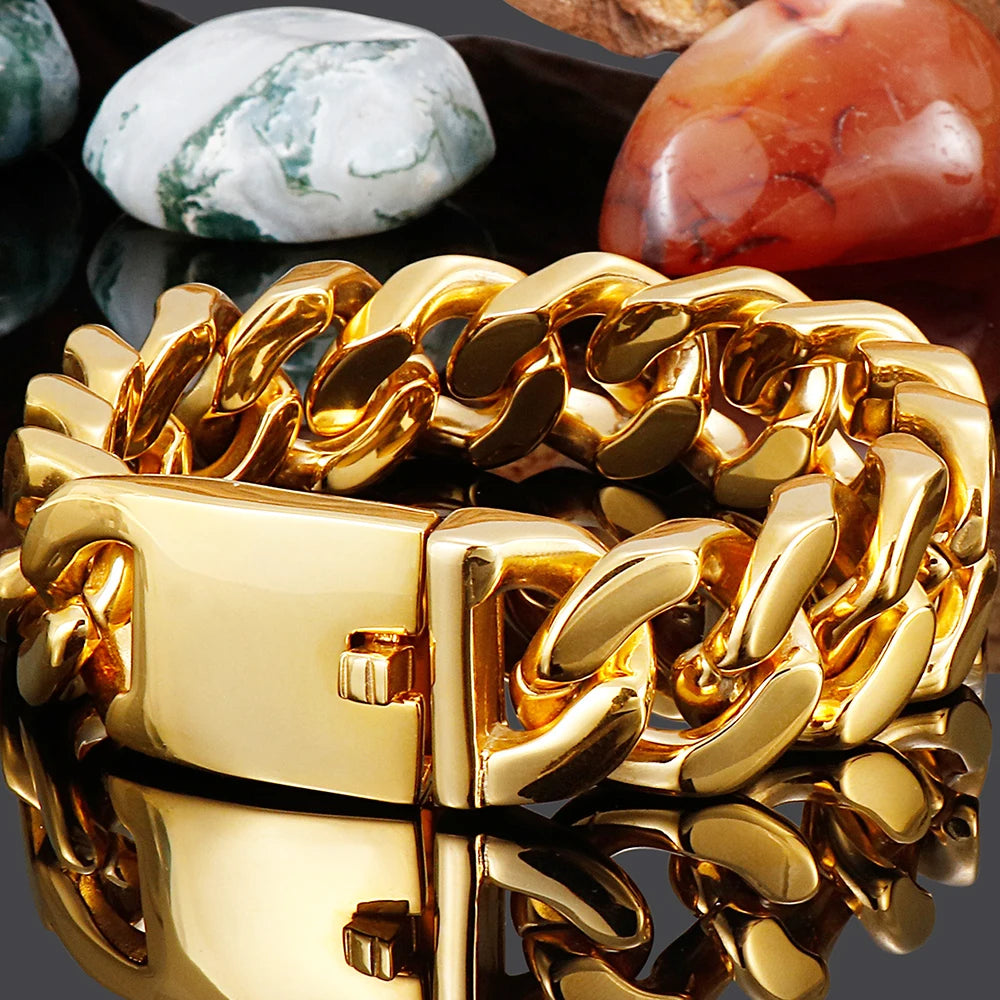 Polished Stainless Steel On Hand Accessories 20MM Wide Iron Men's Bracelet for Man Waterproof Gold Color Men‘s Jewelry