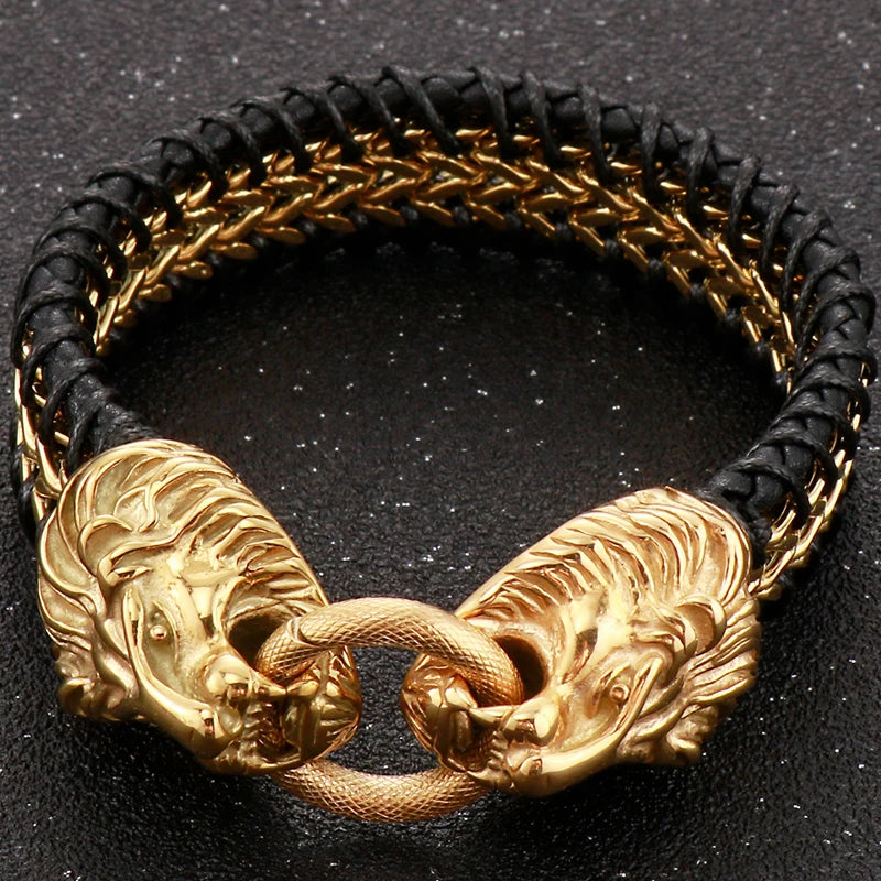 Viking Jewelry Stainless Steel Lion Head Charm Bracelet for Man Cowhide Leather Homme Armbanden Cool Punk Men's Cuff