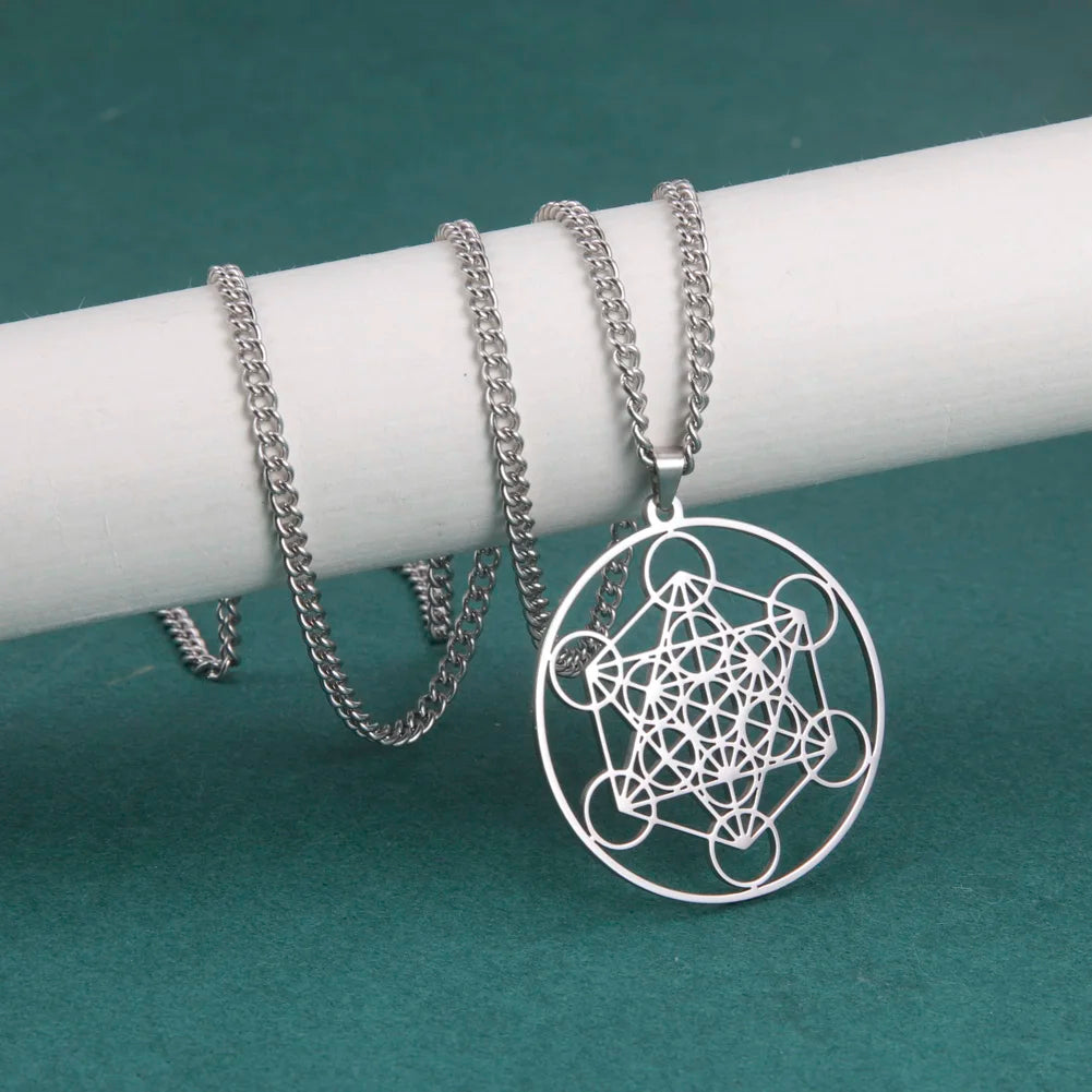 LIKGREAT Angel Seal Archangel Metatron Cube Necklace for Men Women Geometry Stainless Steel Pendants Amulet Spiritual
