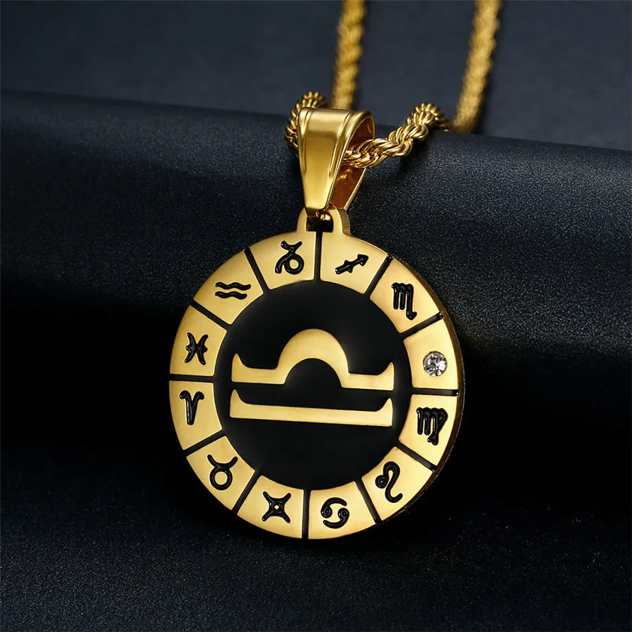Zodiac Sign Leo Scorpio Pendant Gold Color Stainless Steel 12 Constellations Round Necklace for Women Men Jewelry Birthday Gifts