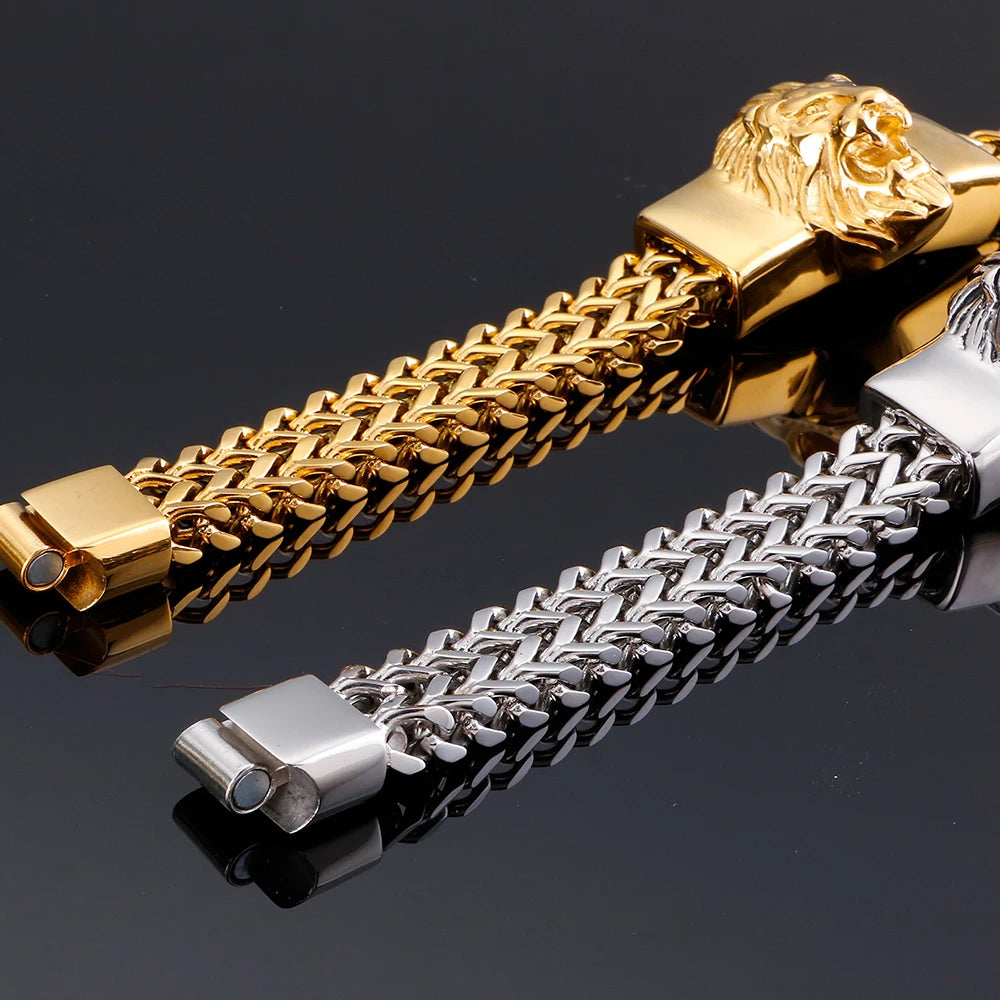 Lion Head Metal Bracelet Man 12MM Wide 316L Stainless Steel Snake Link Chain Men‘s Charm Bracelets On Hand Bands Strap