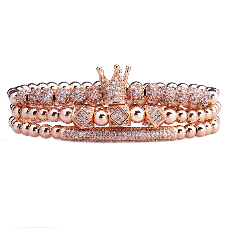 3pcs/Set Luxury Gold Color Beads Royal King Crown Dice Charm CZ Ball Bracelet Mens Fashion Bracelets & Bangles Multi