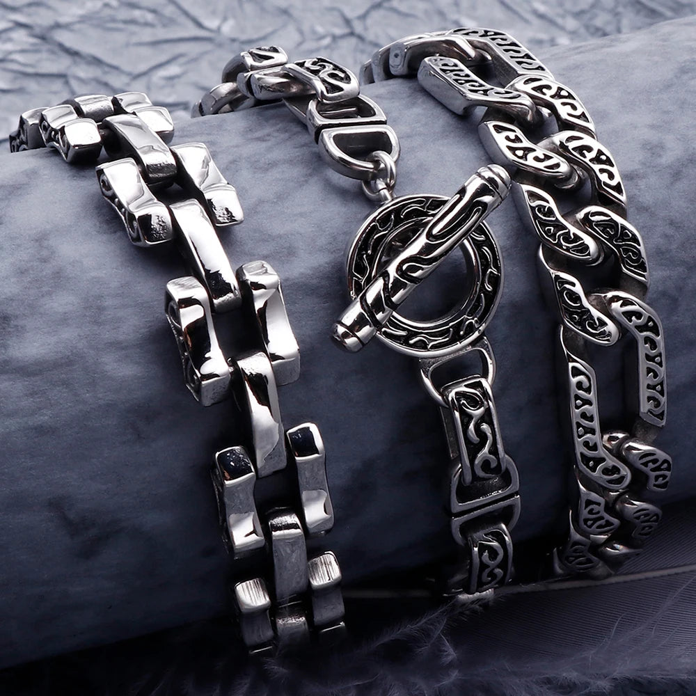 Retro 316L Stainless Steel Cast Metal Bracelet for Men 8MM Pattern Chain Men's Bracelets Male Bikers' Jewelry