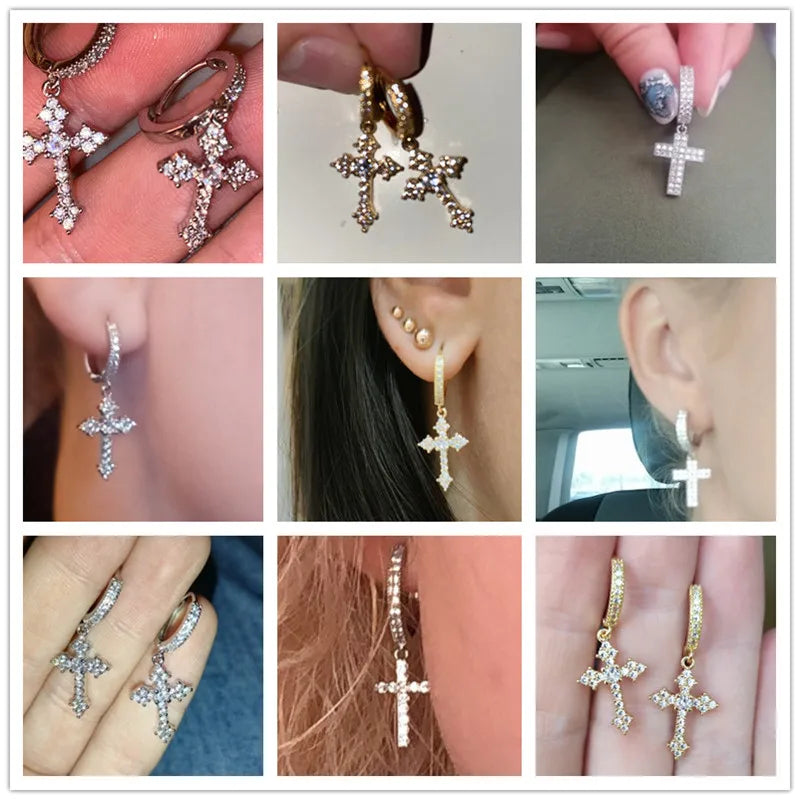 Iced Out Cross Drop Huggie Hoop Earrings with CZ Crystal