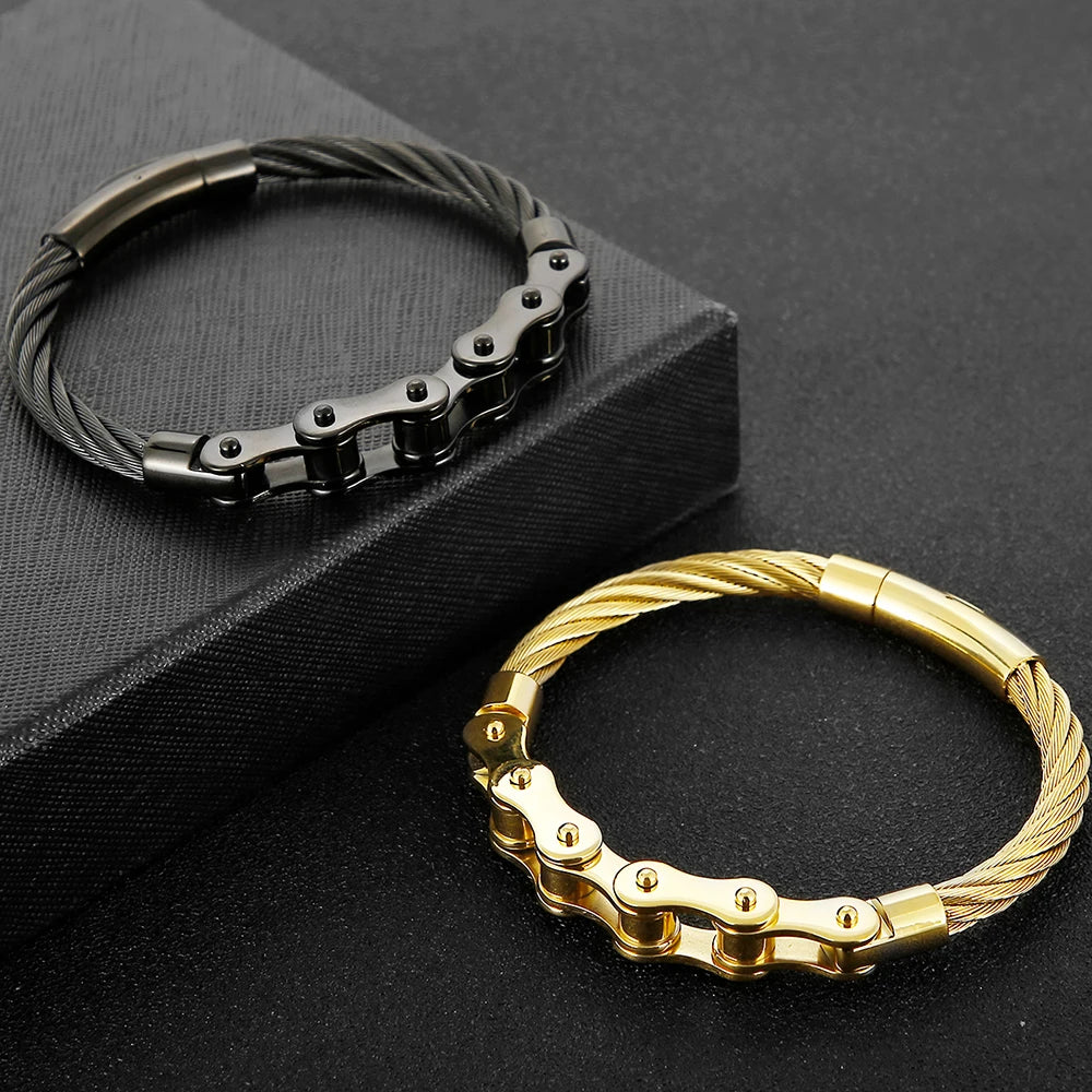 Black Stainless Steel Men's Bracelet Gold Color Handmade Braided Bicycle Motorcycle Chain Bracelets For Men Male Hand