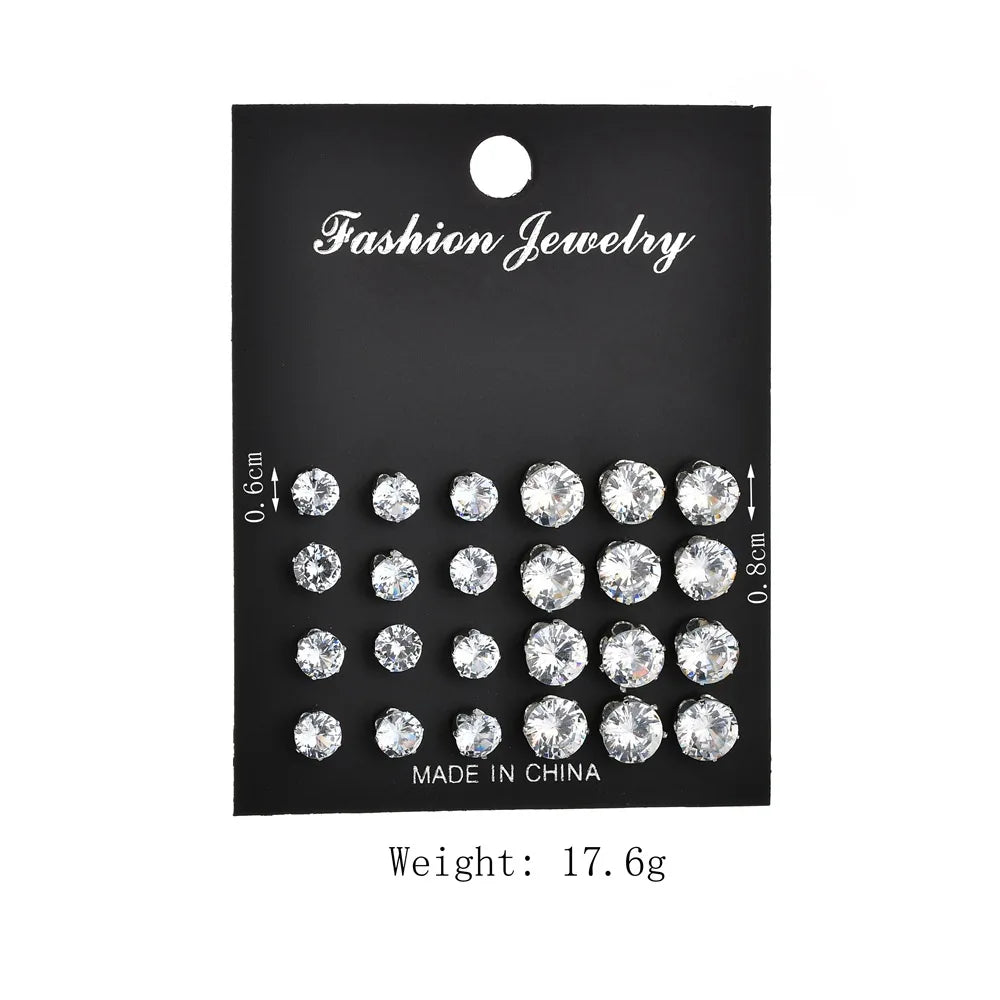 New 12 Pair/Pack White Shiny Wedding Stud Earrings Set For Women Men Crystal Jewelry Accessories Oorbellen Jewelry