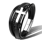 Charm Stainless Steel Leather Cross  Brown/black Bracelet Men Hiphop Jewelry Magnetic Clasp Mutilayer Male Cuff Wrap Bangle Gift