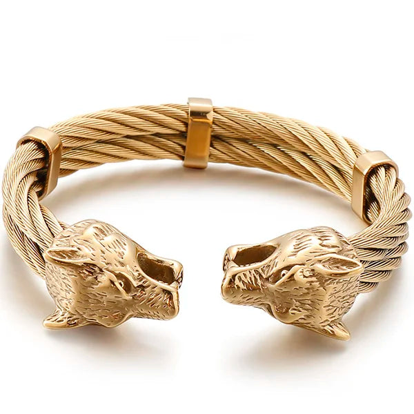 Gothic Gold Color Stainless Steel Wolf Lion Head Open Bangle Cuff Bracelet For Man Men's Boys On Hand Jewellery