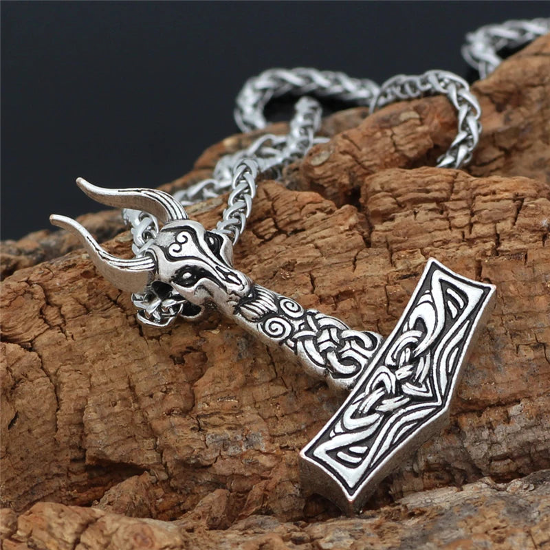 Viking Thor Hammer Ram Head Pendant Necklace — Silver-Tone