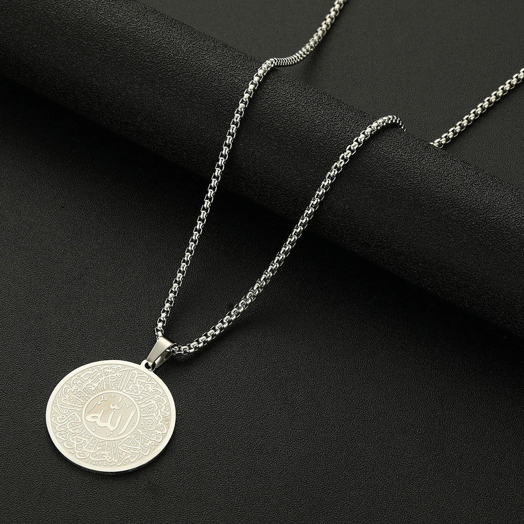 Handmade Islamic Mashallah Men Necklace Stainless Steel Jewelry Medallion Ottoman Calligraphy Surah Al Qalam Vintage Necklace