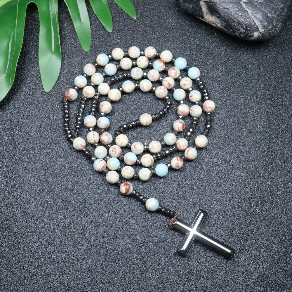 Rosary Necklace For Men Women 8mm Tiger Eye Black Obsidian Beads Necklace Christ Buddhist Meditation Cross Necklace Jewelry