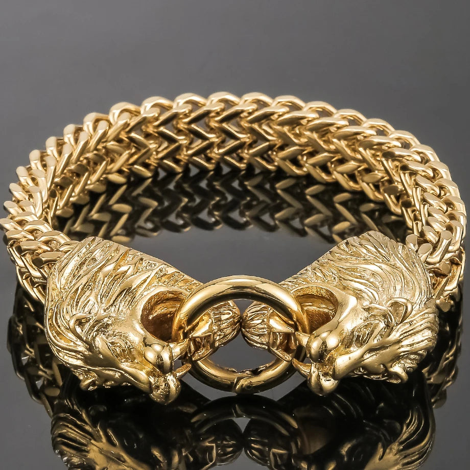 Cool Lion Head Bracelet Men Figaro Link Chain Mens Cuff Bracelets Heavy Solid Stainless Steel Male Jewelry Bangles